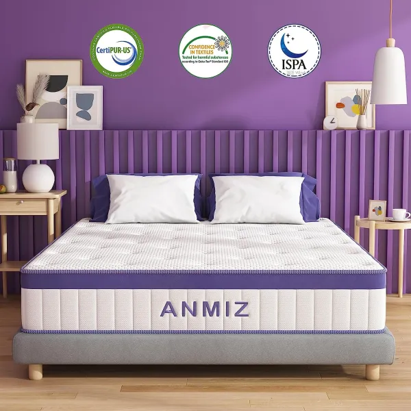 ANMIZ King Mattress, 10 inch Hybrid Mattress with Gel Memory Foam, Medium Firm Mattress King Size, Purple Mattress in a Box