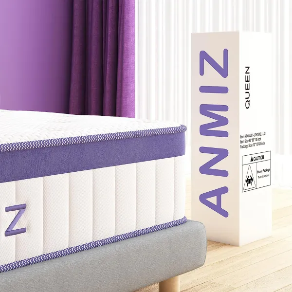 ANMIZ King Mattress, 10 inch Hybrid Mattress with Gel Memory Foam, Medium Firm Mattress King Size, Purple Mattress in a Box