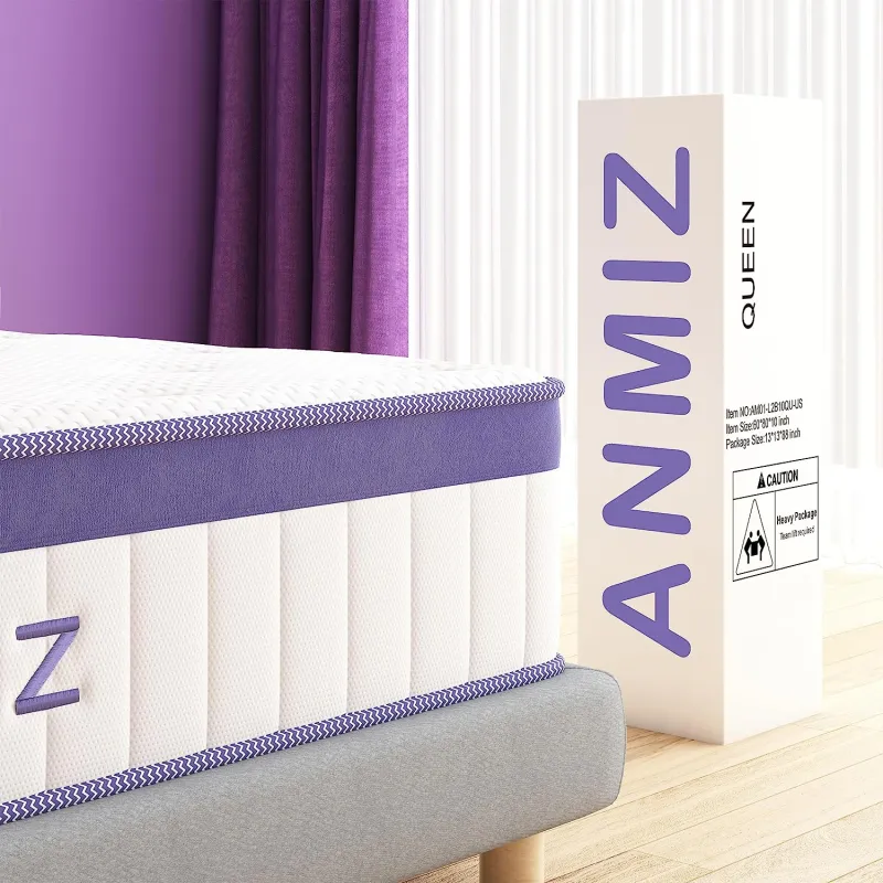 ANMIZ  Mattress, 10 inch Hybrid Mattress with Gel Memory Foam, Medium Firm Mattress Twin Size, Purple Mattress in a Box for Sleep Supportive & Pressure Relief