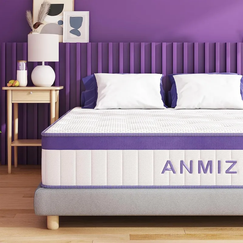 ANMIZ  Mattress, 10 inch Hybrid Mattress with Gel Memory Foam, Medium Firm Mattress Twin Size, Purple Mattress in a Box for Sleep Supportive & Pressure Relief