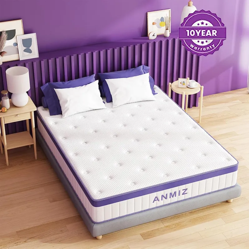 ANMIZ  Mattress, 10 inch Hybrid Mattress with Gel Memory Foam, Medium Firm Mattress Twin Size, Purple Mattress in a Box for Sleep Supportive & Pressure Relief