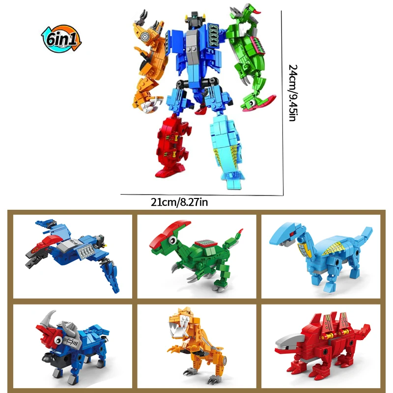 6 In 1 Transformation Building Blocks Dinosaur Mecha Battleship Engineering Vehicle Model Assembly Bricks Kids Christmas Gifts
