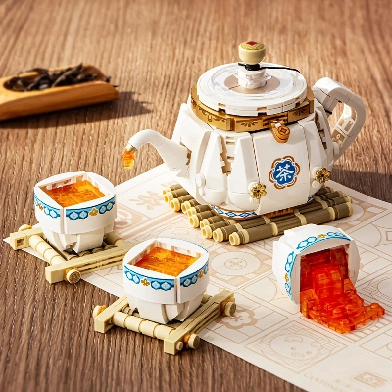 Creative Chinese Morning Tea Snack Building Blocks Dumplings Buns Teapot Food Model Bricks Set Children DIY Toys Holiday Gifts