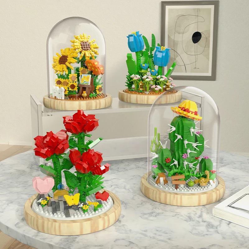 Bouquet Potted Building Blocks Sets Rose Chrysanthemum Orchid Succulents Bricks Model Romantic Assembly Toy Gifts For Children
