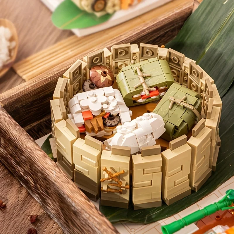 Creative Chinese Morning Tea Snack Building Blocks Dumplings Buns Teapot Food Model Bricks Set Children DIY Toys Holiday Gifts
