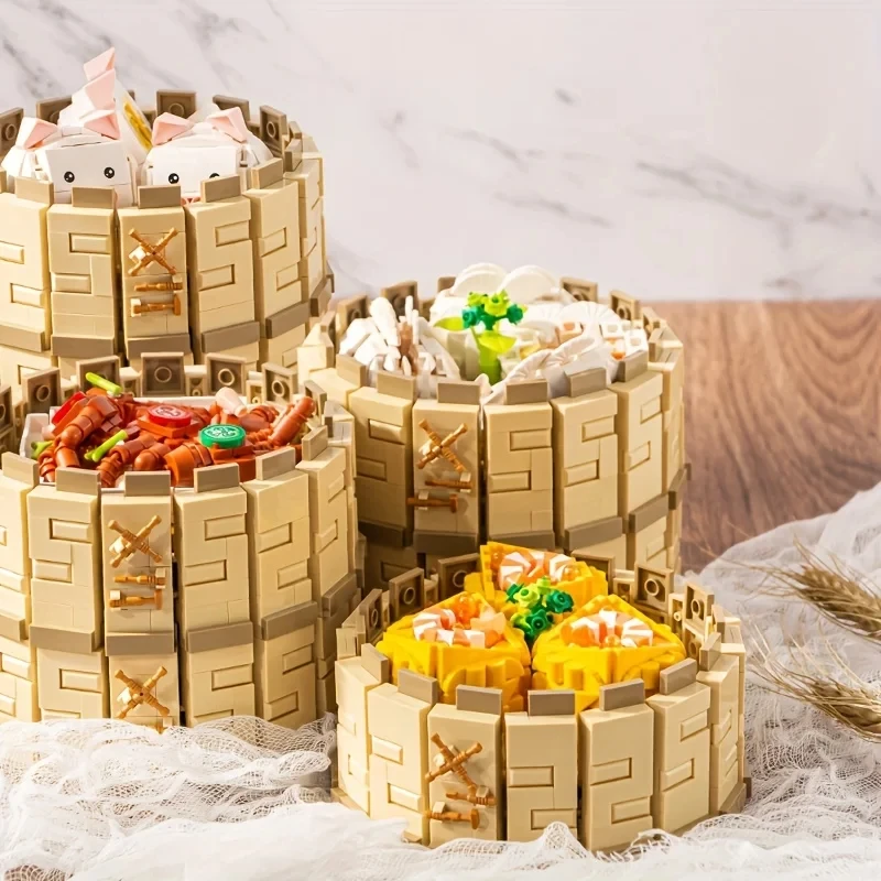 Creative Chinese Morning Tea Snack Building Blocks Dumplings Buns Teapot Food Model Bricks Set Children DIY Toys Holiday Gifts