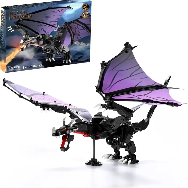 589PCS Black Shadow Dragon Building Blocks Classics Pterosaur Model Sets Assembly Bricks Desktop Display Holiday Gifts Kids Toys