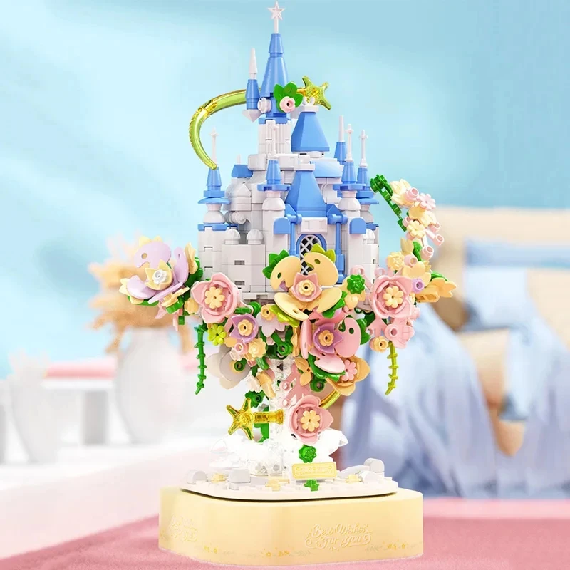 Flower Castle Music Box Building Blocks Creative Sky Castle Garden Model Bricks Set With Lights Diy Toys For Kids Girls Gifts