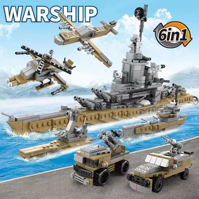 6 In 1 Transformation Building Blocks Dinosaur Mecha Battleship Engineering Vehicle Model Assembly Bricks Kids Christmas Gifts
