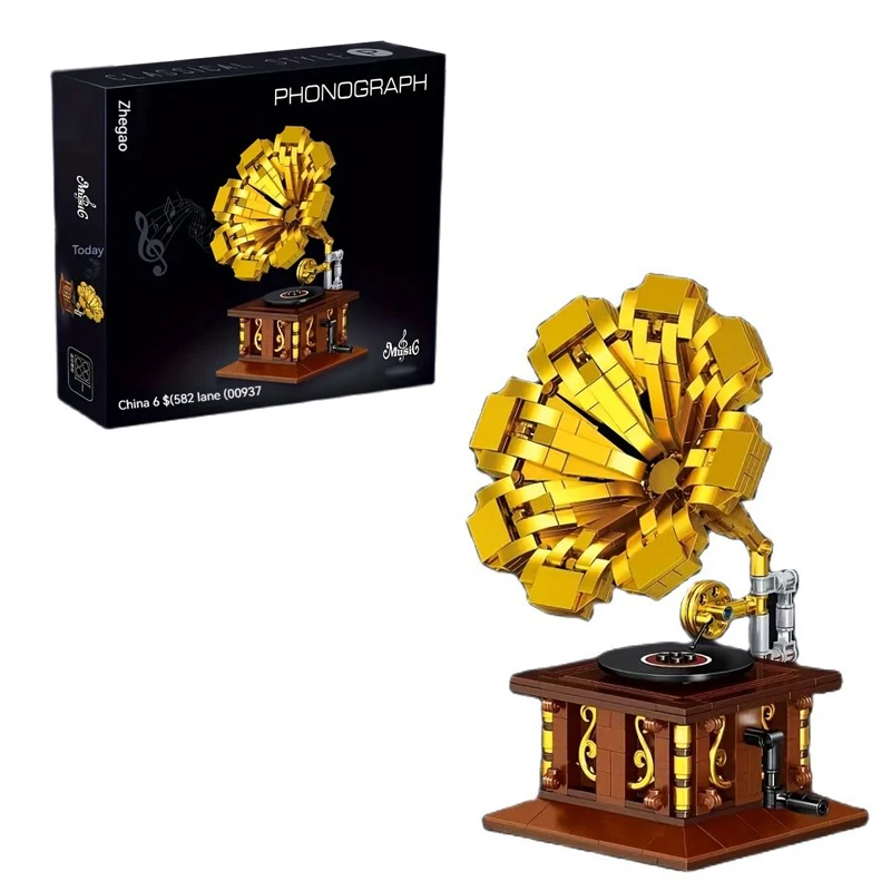 582PCS Gramophone Model Building Blocks DIY European Retro Vinyl Record Player Desktop Decoration Kids DIY Toys Holiday Gifts
