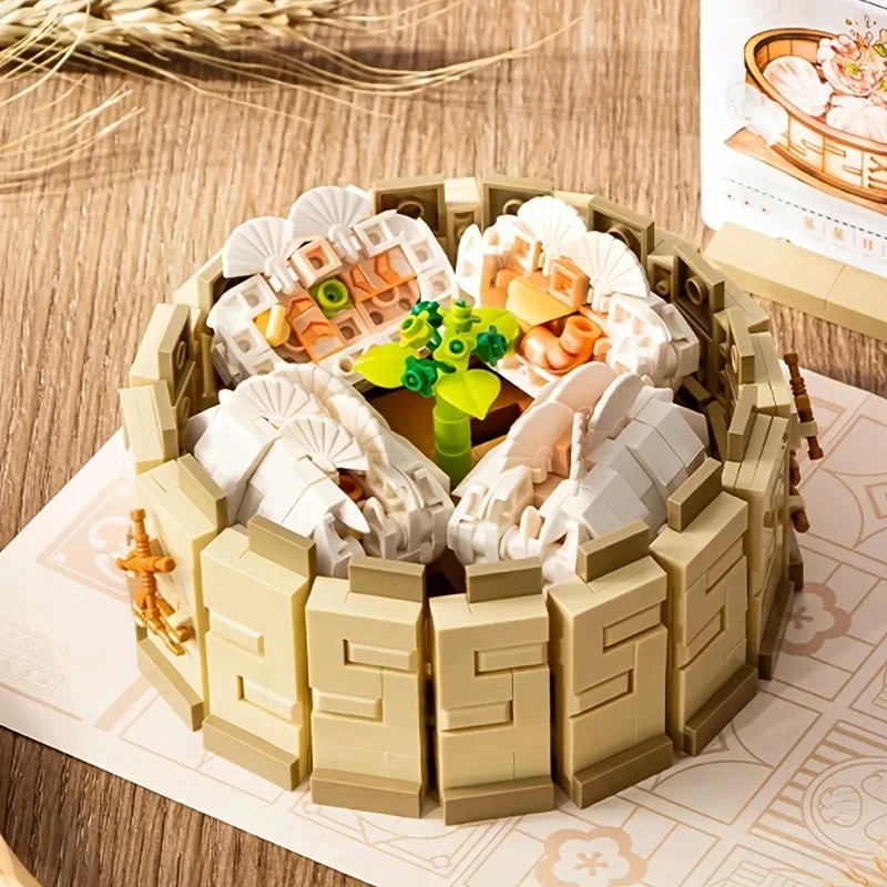Creative Chinese Morning Tea Snack Building Blocks Dumplings Buns Teapot Food Model Bricks Set Children DIY Toys Holiday Gifts