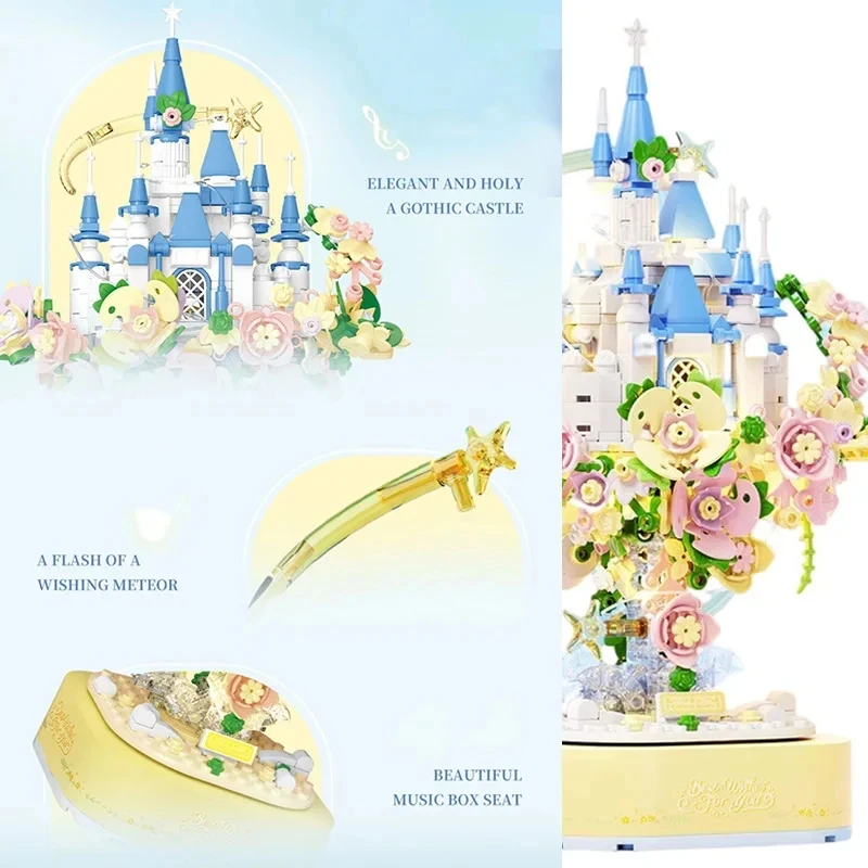 Flower Castle Music Box Building Blocks Creative Sky Castle Garden Model Bricks Set With Lights Diy Toys For Kids Girls Gifts