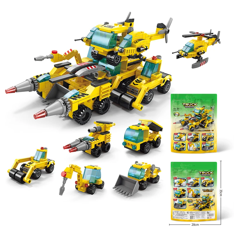 6 In 1 Transformation Building Blocks Dinosaur Mecha Battleship Engineering Vehicle Model Assembly Bricks Kids Christmas Gifts