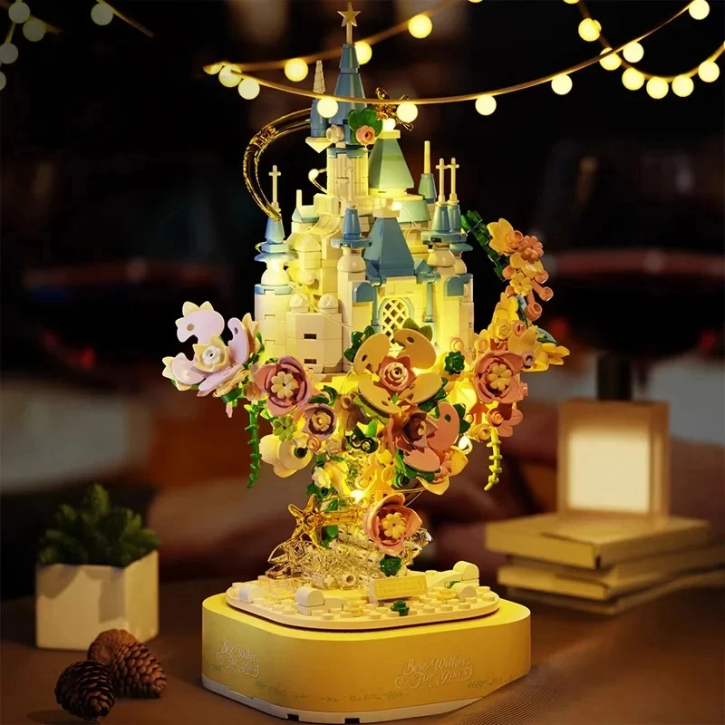 Flower Castle Music Box Building Blocks Creative Sky Castle Garden Model Bricks Set With Lights Diy Toys For Kids Girls Gifts