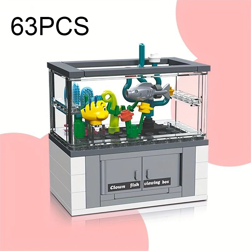 63PCS Clownfish Ornamental Box Building Blocks Set Mini Fish Tank Series Assemble Bricks DIY Toys Gifts For Children Kids