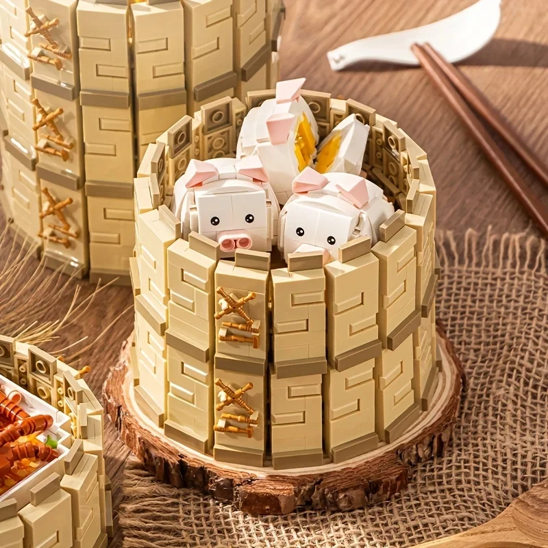 Creative Chinese Morning Tea Snack Building Blocks Dumplings Buns Teapot Food Model Bricks Set Children DIY Toys Holiday Gifts