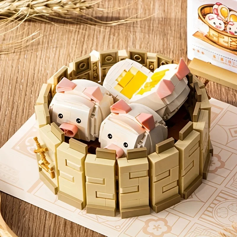 Creative Chinese Morning Tea Snack Building Blocks Dumplings Buns Teapot Food Model Bricks Set Children DIY Toys Holiday Gifts
