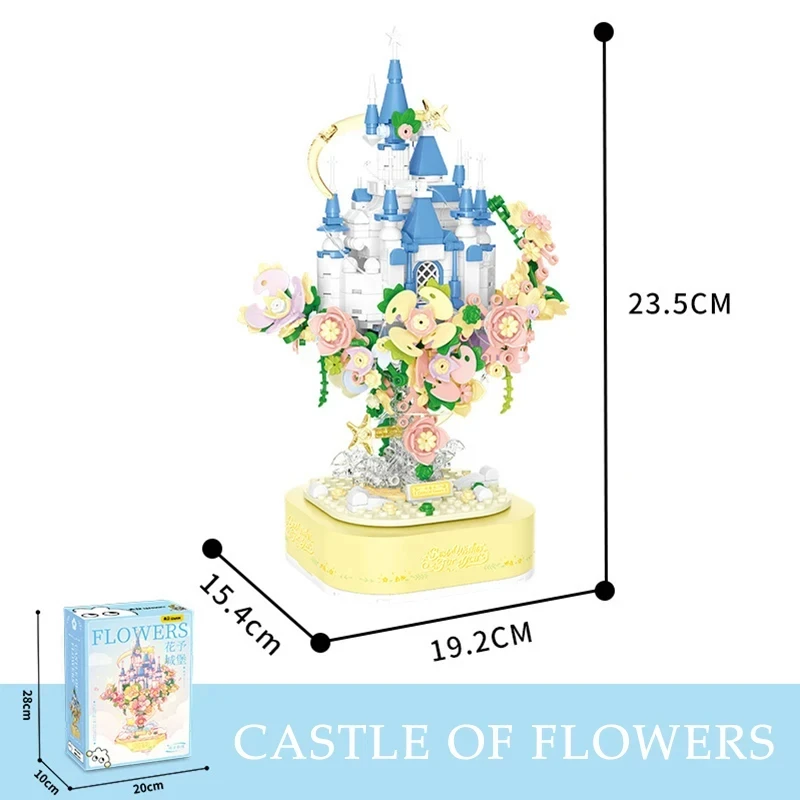 Flower Castle Music Box Building Blocks Creative Sky Castle Garden Model Bricks Set With Lights Diy Toys For Kids Girls Gifts