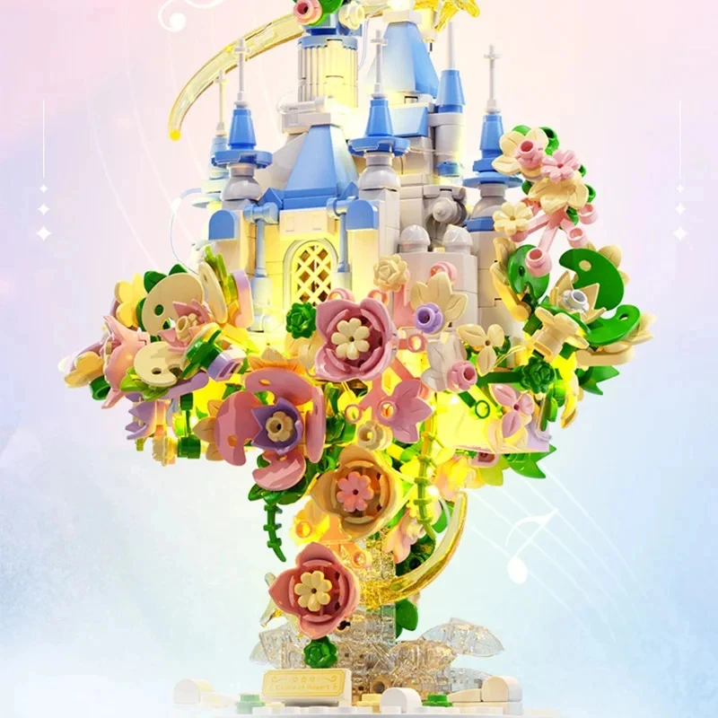 Flower Castle Music Box Building Blocks Creative Sky Castle Garden Model Bricks Set With Lights Diy Toys For Kids Girls Gifts