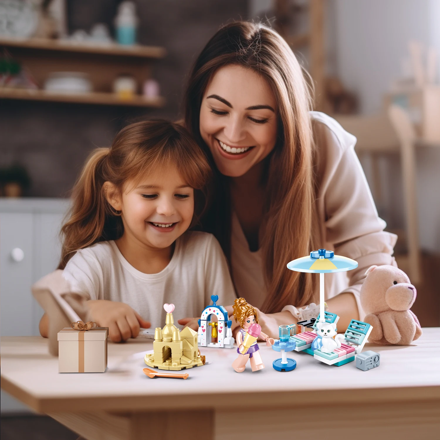 102PCS Aegean Sea Beach Building Blocks Creative Beach Castle Sun Chair Scene Model Bricks Set Children's Toys Holiday Gift