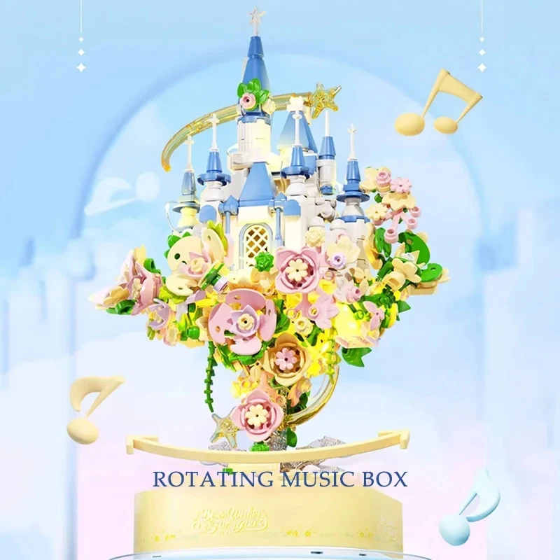 Flower Castle Music Box Building Blocks Creative Sky Castle Garden Model Bricks Set With Lights Diy Toys For Kids Girls Gifts