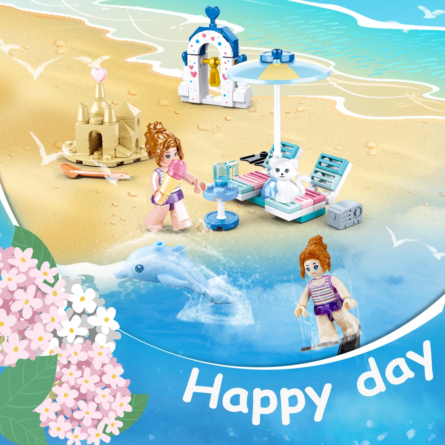 102PCS Aegean Sea Beach Building Blocks Creative Beach Castle Sun Chair Scene Model Bricks Set Children's Toys Holiday Gift