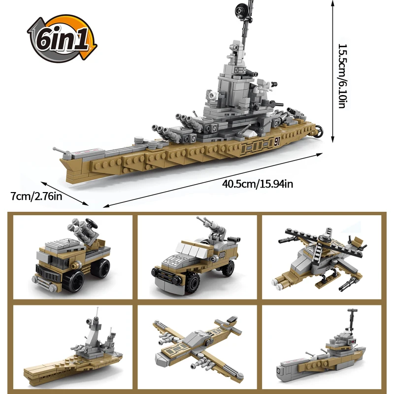 6 In 1 Transformation Building Blocks Dinosaur Mecha Battleship Engineering Vehicle Model Assembly Bricks Kids Christmas Gifts