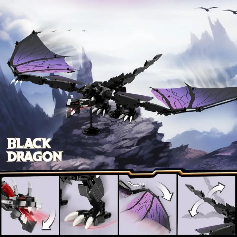589PCS Black Shadow Dragon Building Blocks Classics Pterosaur Model Sets Assembly Bricks Desktop Display Holiday Gifts Kids Toys