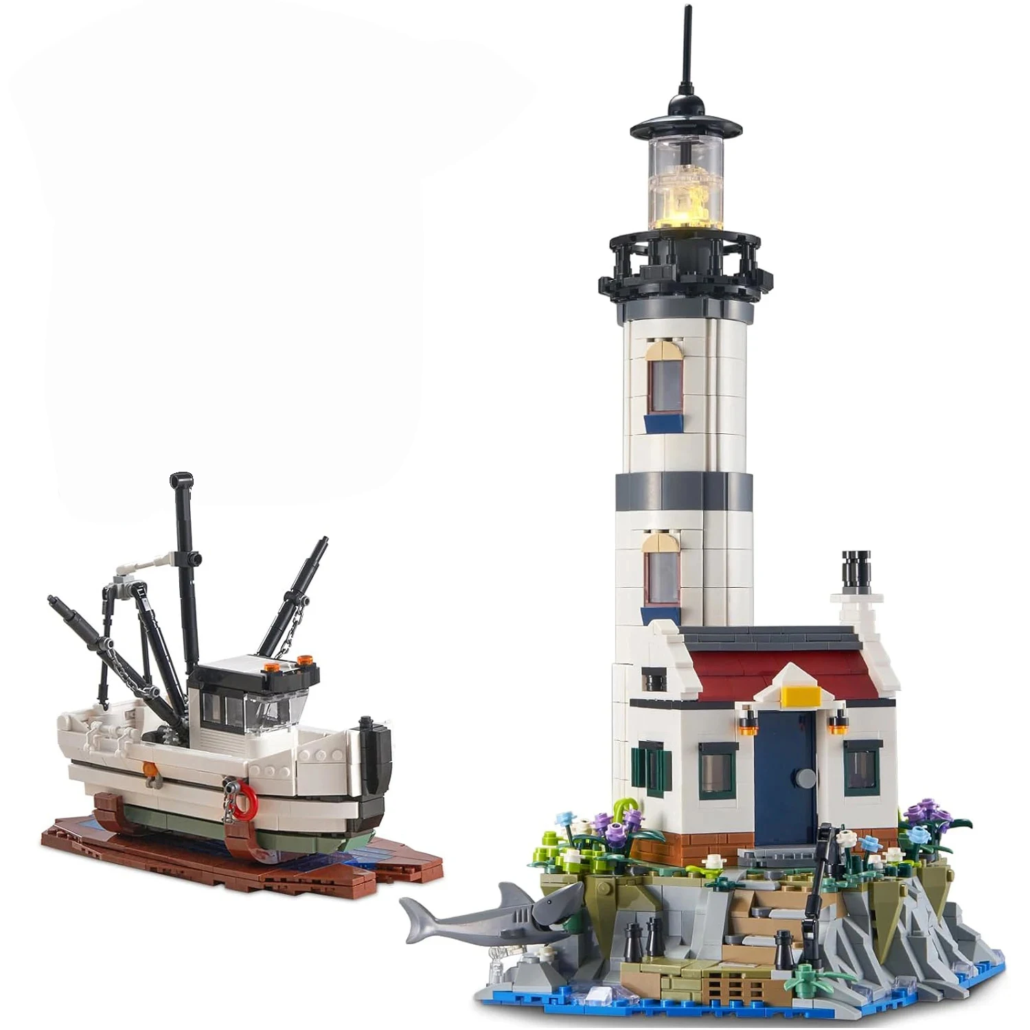 1677PCS Electric Lighthouse Building Blocks Fisherman Rescue Boats Lighthouse Model Bricks With Light Kids Toys Christmas Gifts